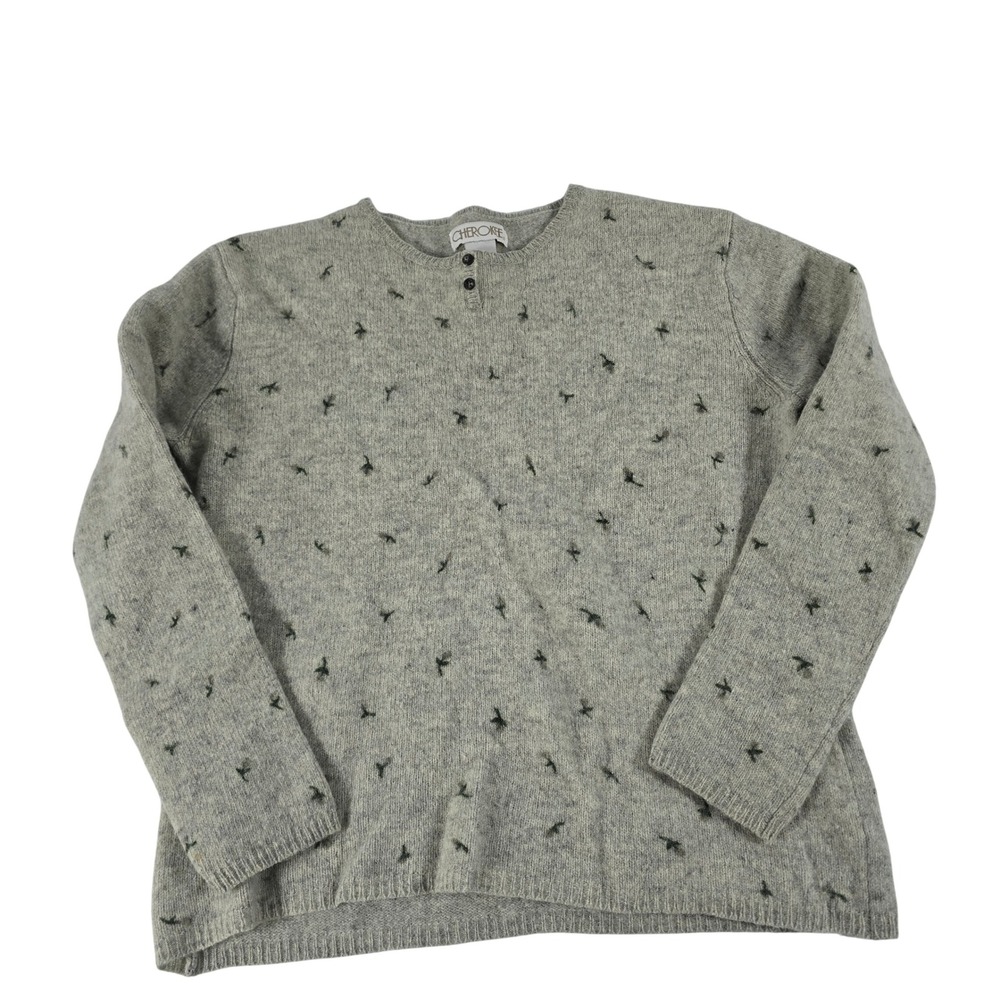 Cherokee Womens Grey Wool Blend Embroidered Henley Sweater Small Vintage Style